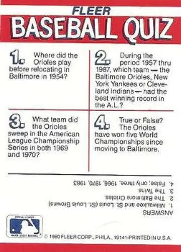 1990 Fleer Action Series Team Stickers #NNO Baltimore Orioles NM-MT Orioles - Baseball Card Single