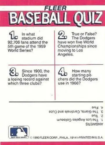 Baseball quiz card from Fleer Action Series Team Stickers featuring Los Angeles Dodgers