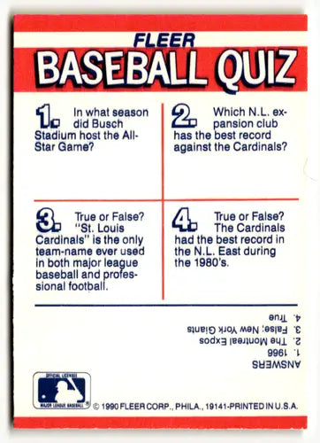Original gloss Fleer Action Series baseball quiz card from 1990 Fleer Action series product