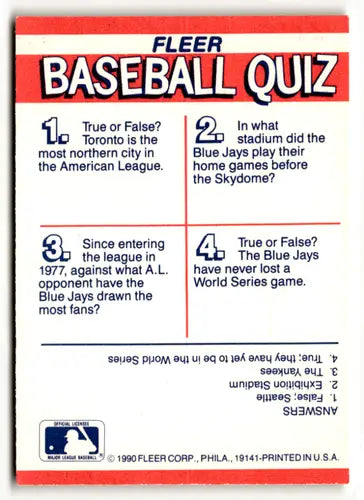 Fleer Action Series Toronto Blue Jays baseball quiz card from 1990 Fleer Action series