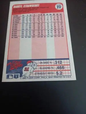 1990 Fleer - Darryl Strawberry #217. NY Mets. NRMT+ - Baseball Card Single