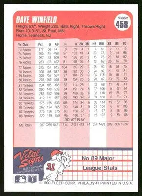 1990 Fleer Dave Winfield #458 Baseball - Baseball Card Single
