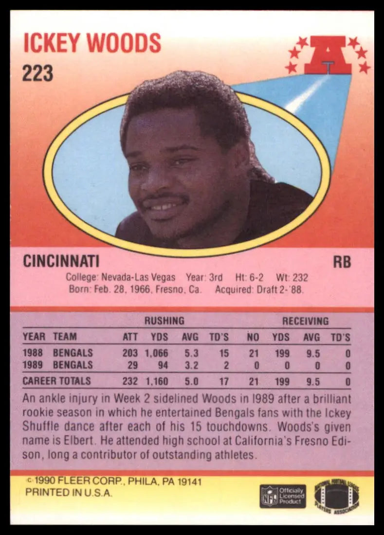 1990 Fleer Ickey Woods 223 Cincinnati Bengals NM - Football Card Single