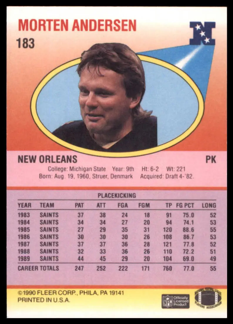 1990 Fleer Morten Andersen 183 New Orleans Saints NM - Football Card Single