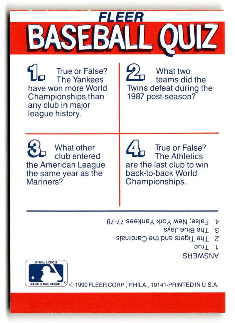 1990 Fleer #NNO Twins / Yankees / Athletics / Mariners Team Stickers - Baseball Card Single