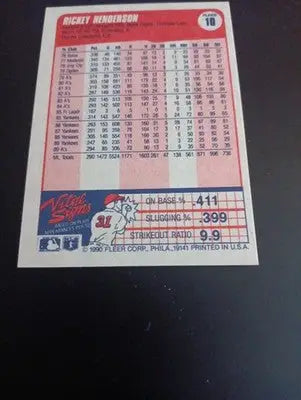 1990 Fleer - Rickey Henderson #10. Oakland Athletics. NRMT+ - Baseball Card Single