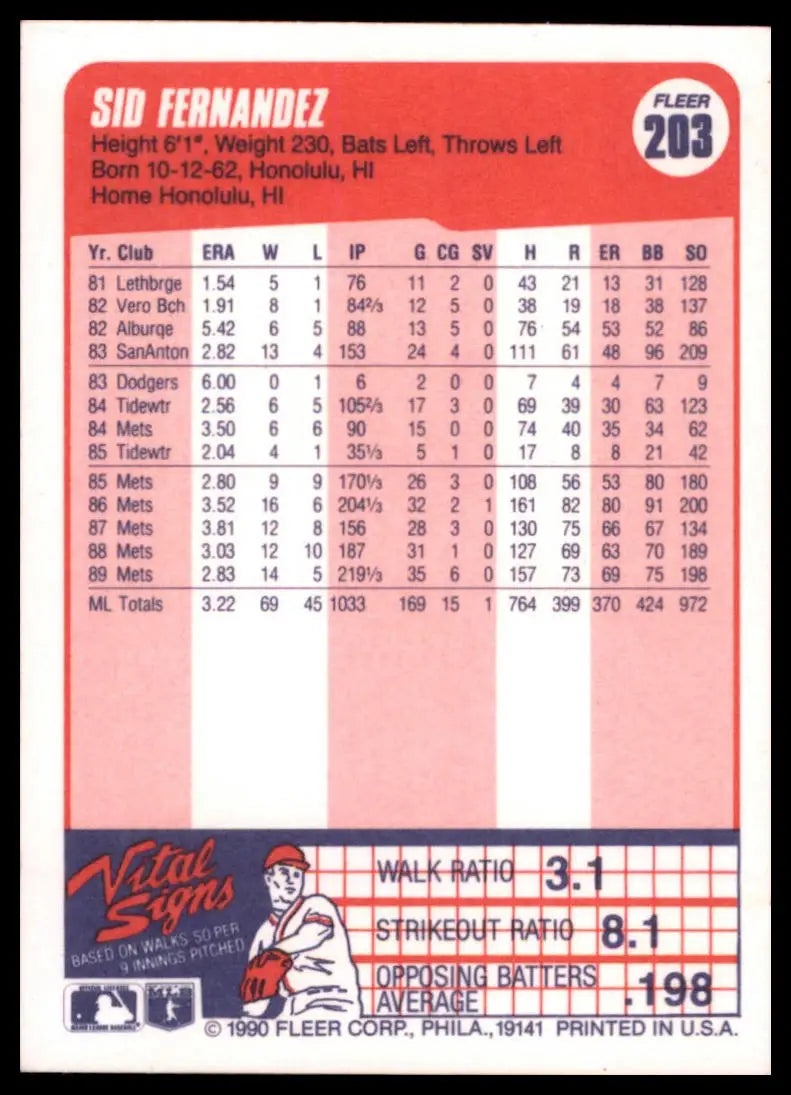 1990 Fleer Sid Fernandez 203 New York Mets NM - Baseball Card Single