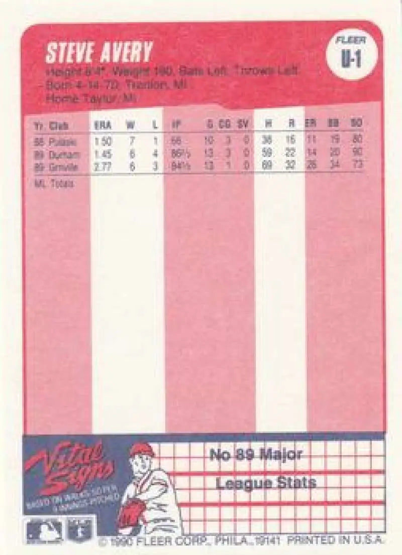1990 Fleer Update #U-1 Steve Avery NM-MT Atlanta Braves Baseball Card - Baseball Card Single