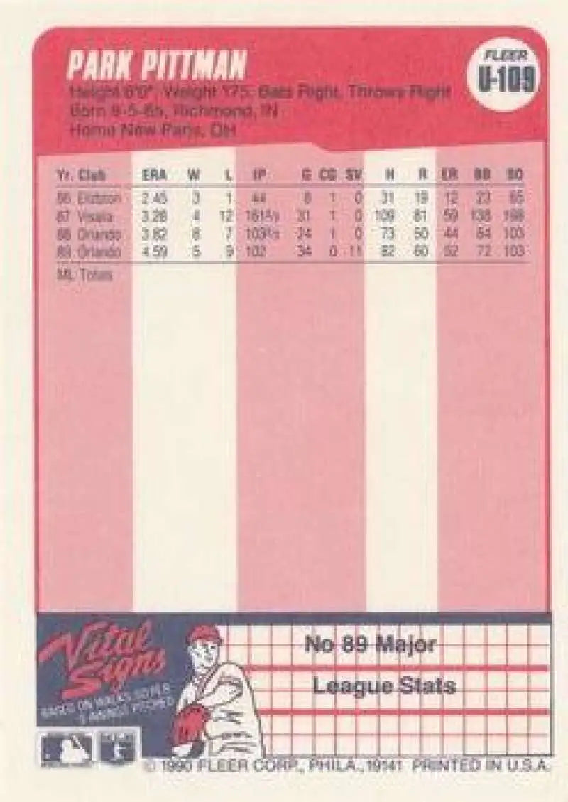 1990 Fleer Update #U-109 Park Pittman NM-MT RC Rookie Minnesota Twins Baseball Card - Baseball Card Single