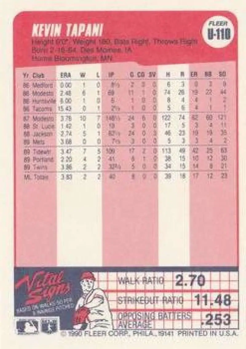 1990 Fleer Update #U-110 Kevin Tapani NM-MT RC Rookie Minnesota Twins Baseball Card - Baseball Card Single