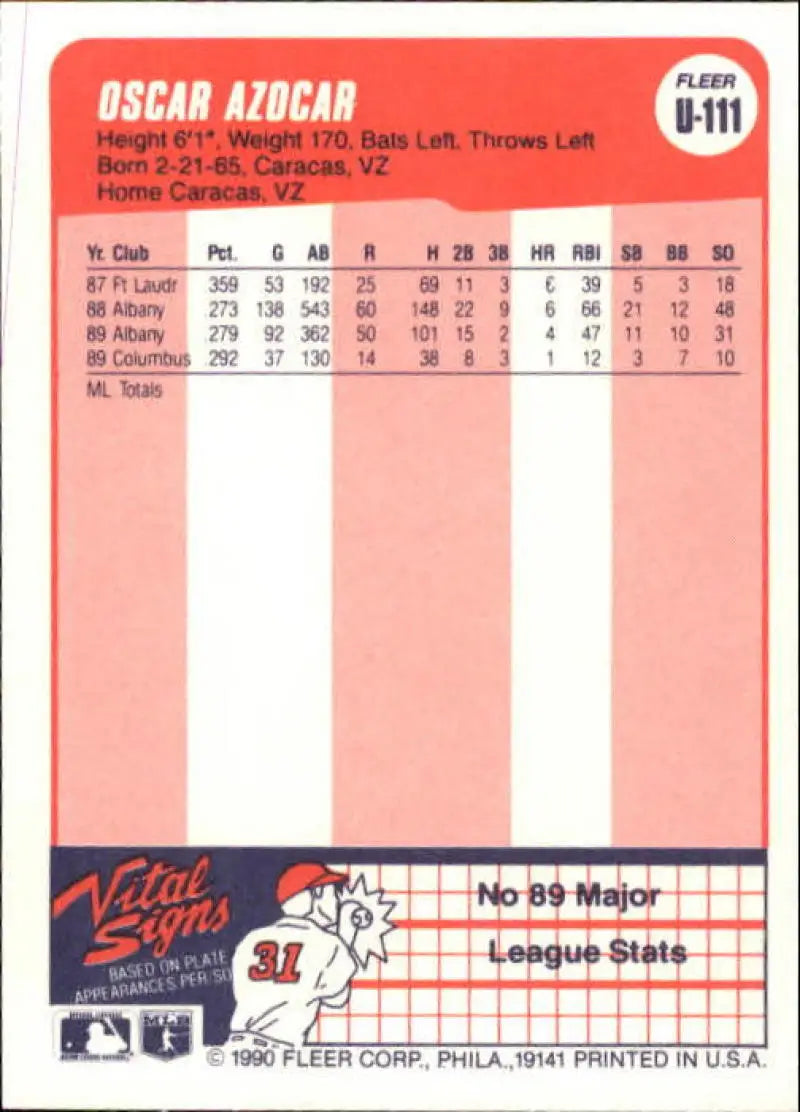 1990 Fleer Update #U-111 Oscar Azocar NM-MT RC Rookie New York Yankees Baseball Card - Baseball Card Single