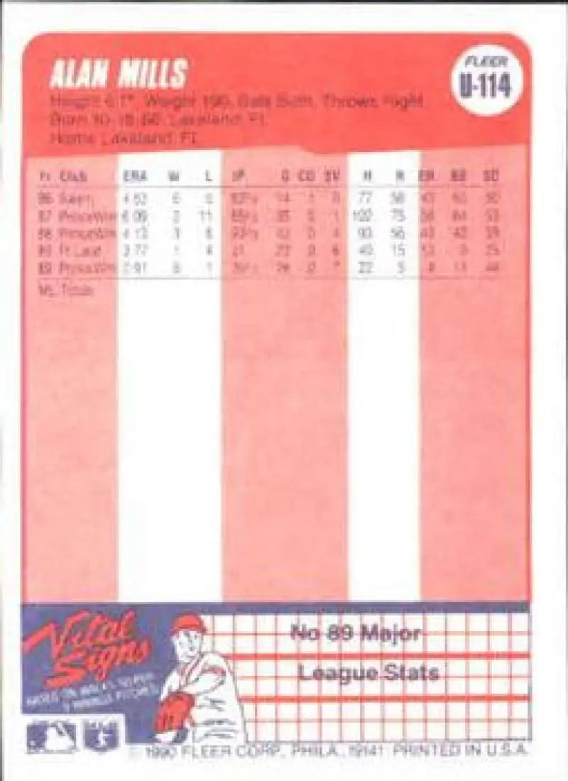 1990 Fleer Update #U-114 Alan Mills NM-MT RC Rookie New York Yankees Baseball Card - Baseball Card Single