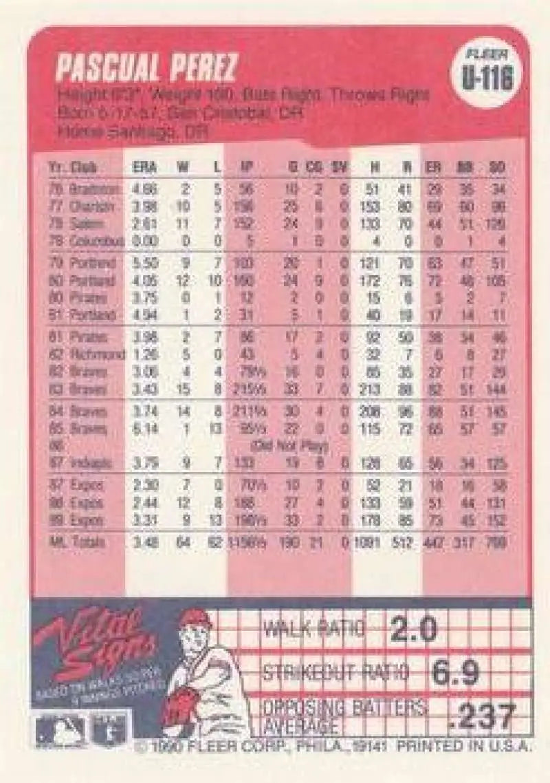 1990 Fleer Update #U-116 Pascual Perez NM-MT New York Yankees Baseball Card - Baseball Card Single