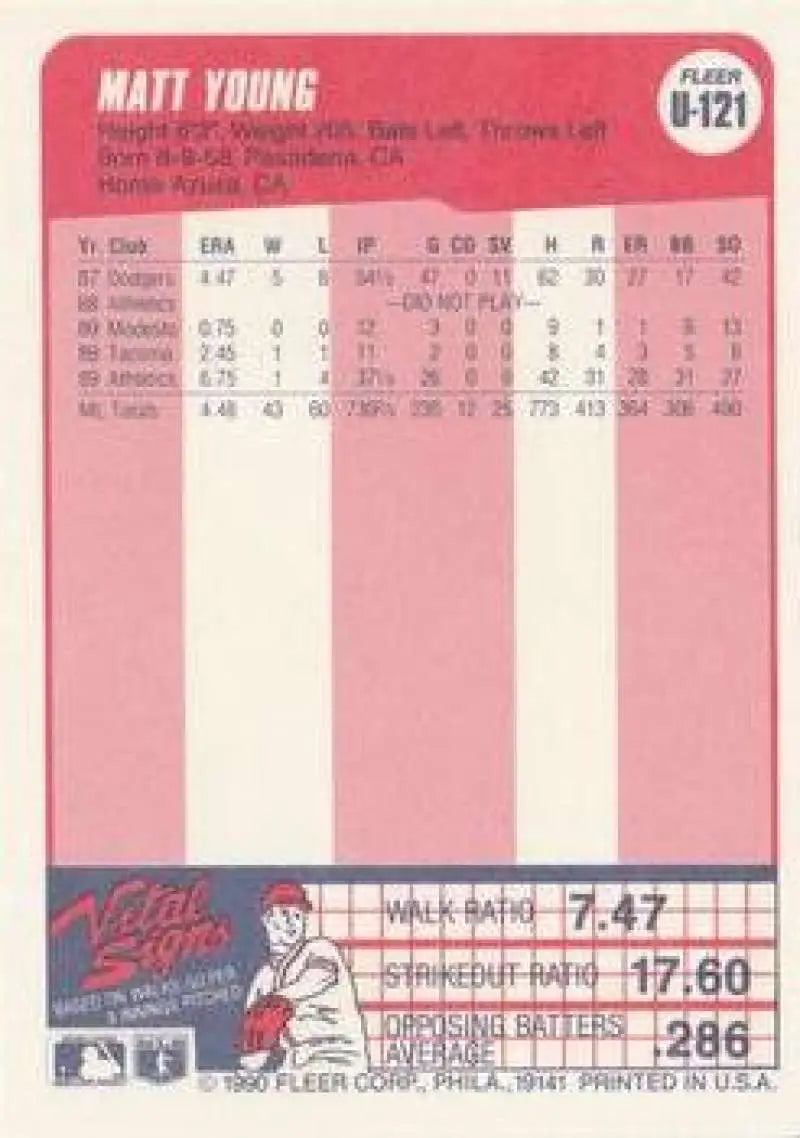 1990 Fleer Update #U-121 Matt Young NM-MT Seattle Mariners Baseball Card - Baseball Card Single
