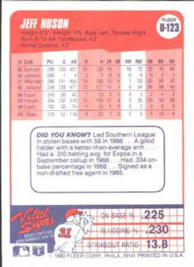 1990 Fleer Update #U-123 Jeff Huson NM-MT Texas Rangers Baseball Card - Baseball Card Single