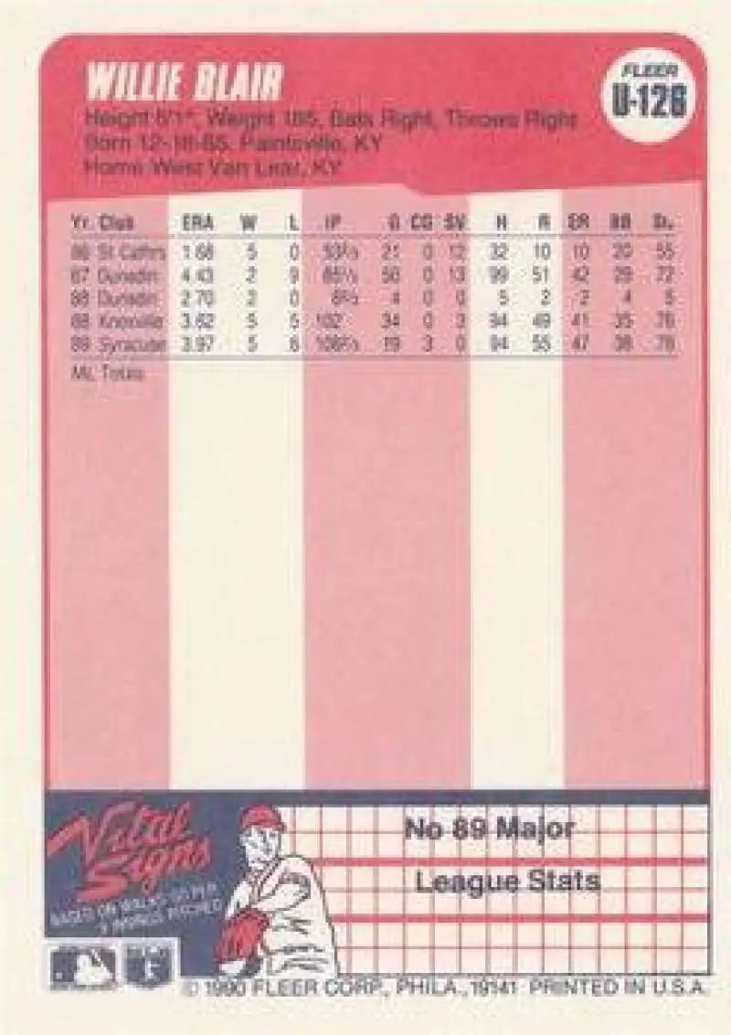 1990 Fleer Update #U-126 Willie Blair NM-MT RC Rookie Toronto Blue Jays Baseball Card - Baseball Card Single
