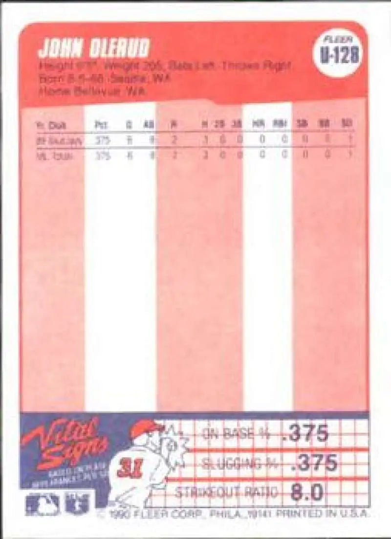 1990 Fleer Update #U-128 John Olerud NM-MT RC Rookie Toronto Blue Jays Baseball Card - Baseball Card Single