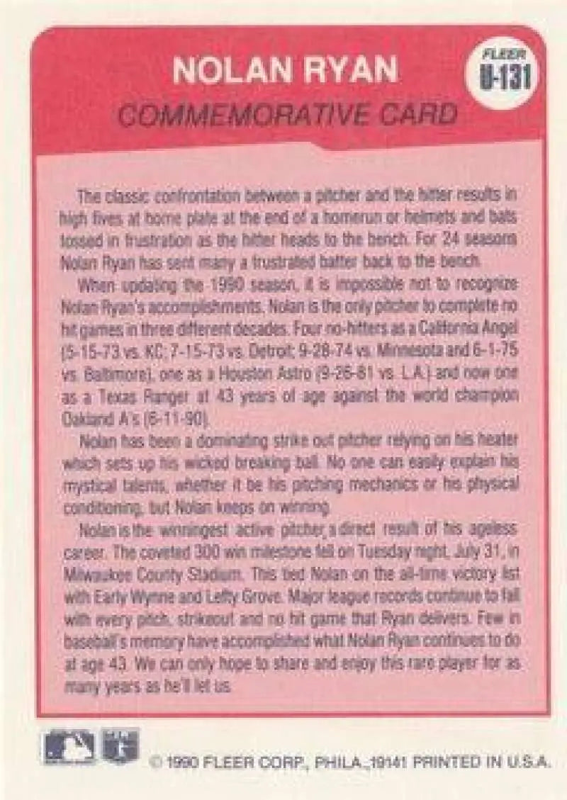 1990 Fleer Update #U-131 Nolan Ryan NM-MT Texas Rangers/California Angels/Houston Astros Baseball Card - Baseball Card
