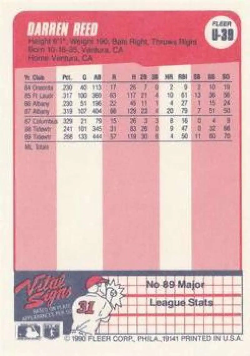 1990 Fleer Update #U-39 Darren Reed NM-MT RC Rookie New York Mets Baseball Card - Baseball Card Single