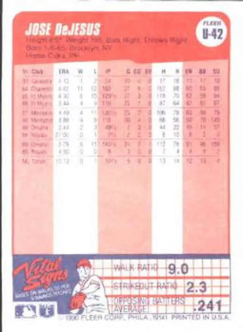 1990 Fleer Update #U-42 Jose DeJesus NM-MT Philadelphia Phillies Baseball Card - Baseball Card Single