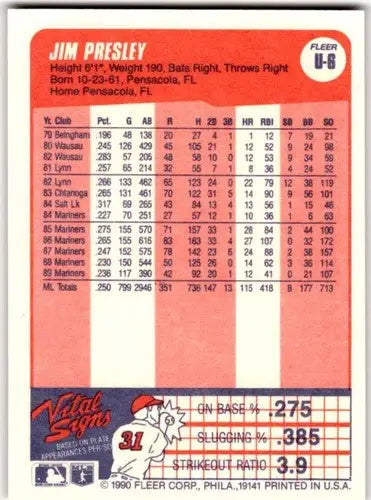 Original gloss 1990 Fleer Update Jim Presley baseball card NRMT-MT image
