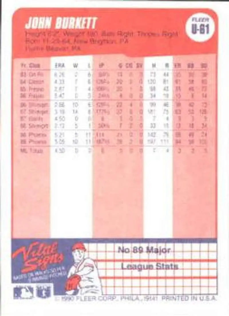 1990 Fleer Update #U-61 John Burkett NM-MT San Francisco Giants Baseball Card - Baseball Card Single