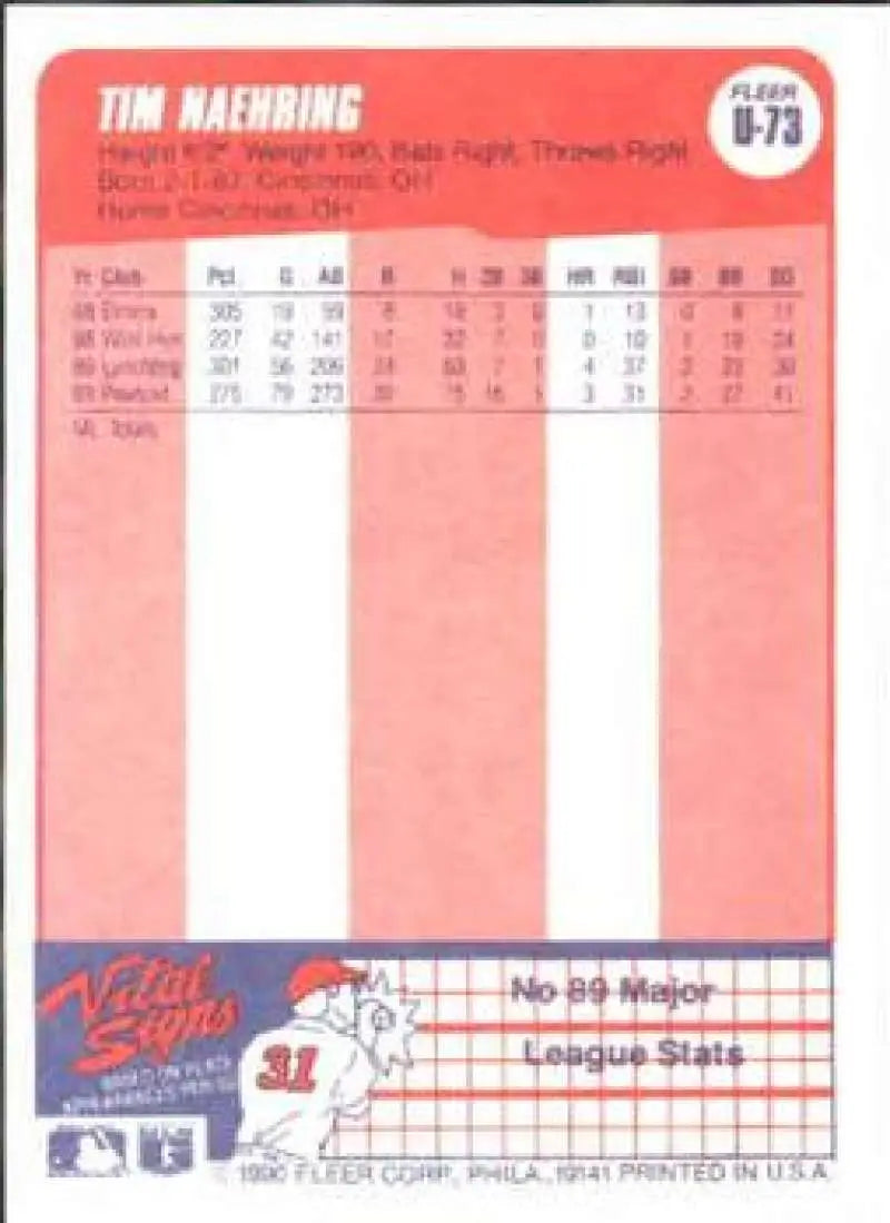 1990 Fleer Update #U-73 Tim Naehring NM-MT RC Rookie Boston Red Sox Baseball Card - Baseball Card Single