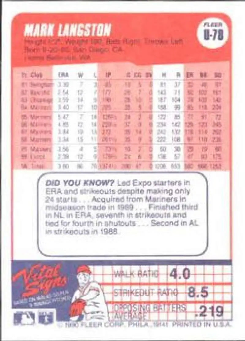 1990 Fleer Update #U-78 Mark Langston NM-MT California Angels Baseball Card - Baseball Card Single