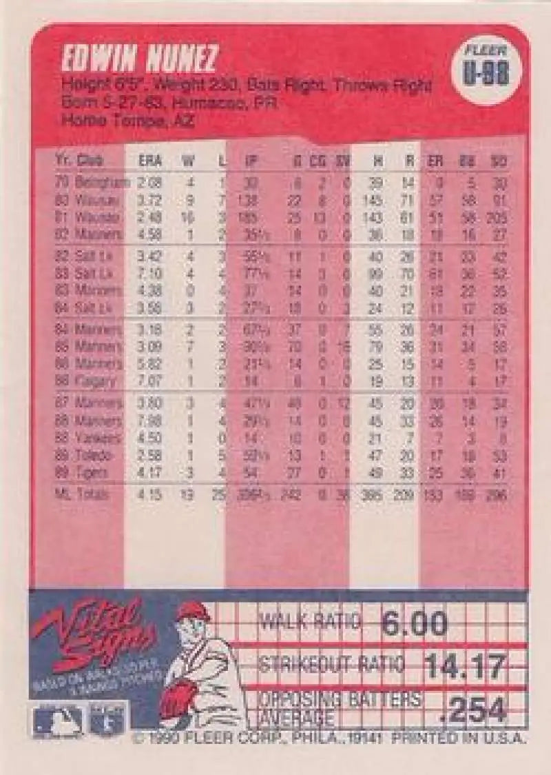 1990 Fleer Update #U-98 Edwin Nunez NM-MT Detroit Tigers Baseball Card - Baseball Card Single