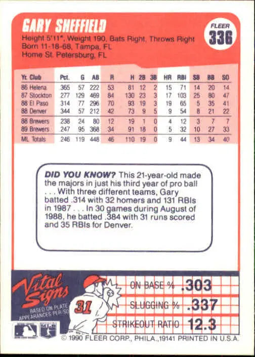 1990 Gary Sheffield Fleer Baseball Card #336