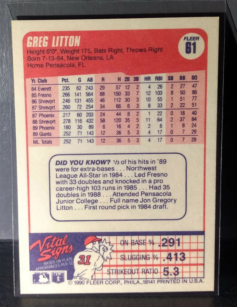 1990 Greg Litton Fleer Baseball Card #61 - Baseball Card Single
