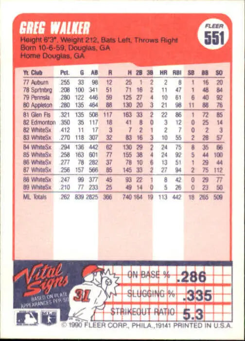 1990 Greg Walker Fleer Baseball Card #551 - Baseball Card Single