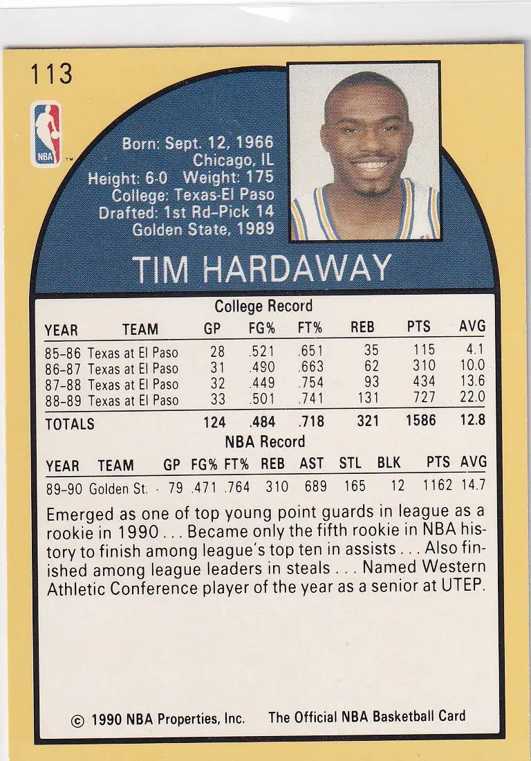 1990 HOOPS #113 TIM HARDAWAY- GOLDEN STATE WARRIORS - Basketball Card Single