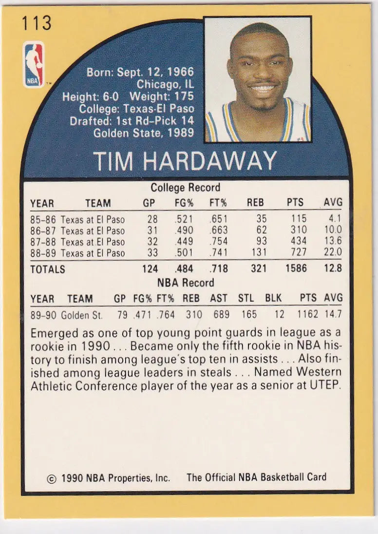 1990 HOOPS #113 TIM HARDAWAY ROOKIE- GOLDEN STATE WARRIORS - Basketball Card Single