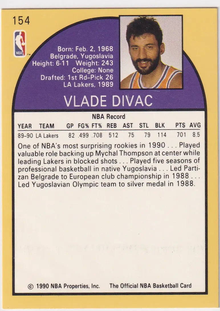 1990 HOOPS #154 VLADE DIVAC ROOKIE- LOS ANGELES LAKERS - Basketball Card Single