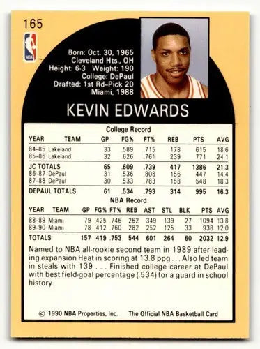 1990 Hoops #165 Kevin Edwards Miami Heat Basketball Cards NM Near Mi ID:55679 - Basketball Card Single