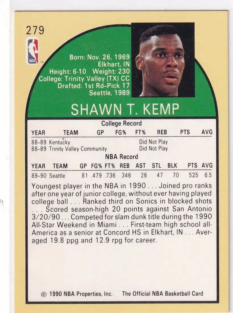 1990 HOOPS #279 SHAWN KEMP ROOKIE- SEATTLE SUPER SONICS - Basketball Card Single