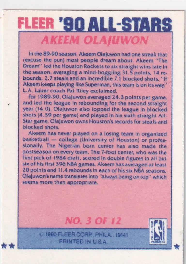 1990 HOOPS #3 AKEEM OLAJUWON ALL STARS- HOUSTON ROCKETS - Basketball Card Single