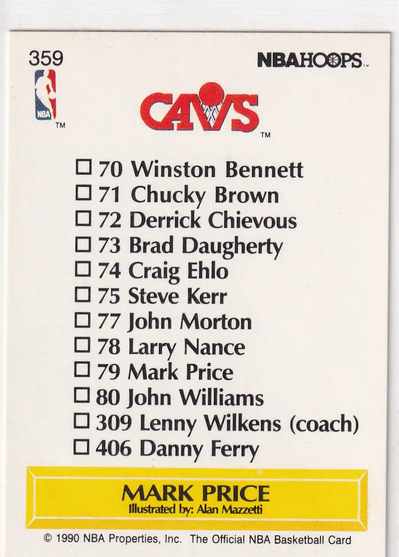 1990 HOOPS #359 MARK PRICE TEAM CHECKLIST- CLEVELAND CAVALIERS - Basketball Card Single
