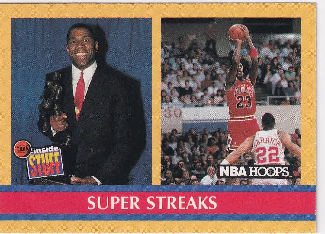 1990 HOOPS #385 SUPER STREAKS MAGIC AND JORDAN- CHICAGO BULLS - Basketball Card Single
