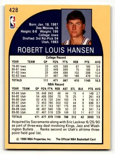 1990 Hoops #428 Bobby Hansen Sacramento Kings Basketball Cards NM Ne ID:55686 - Basketball Card Single