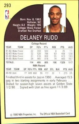 1990 Hoops Team Night Utah Jazz Rookie #293 Delaney Rudd - Basketball Card Single