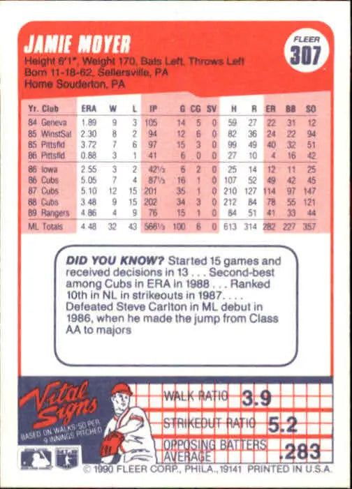1990 Jamie Moyer Fleer Baseball Card #307