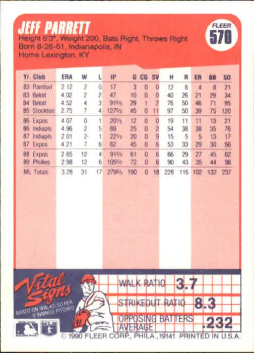 1990 Jeff Parrett Fleer Baseball Card #570 - Baseball Card Single