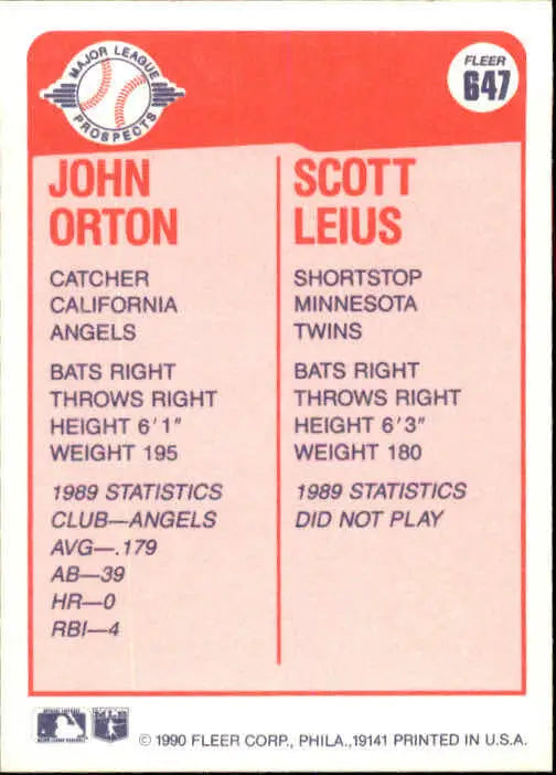 1990 John Orton / Scott Leius Fleer Baseball Card #647 - Baseball Card Single