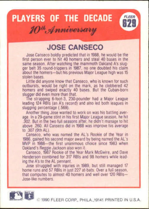 1990 Jose Canseco Fleer Baseball Card #629