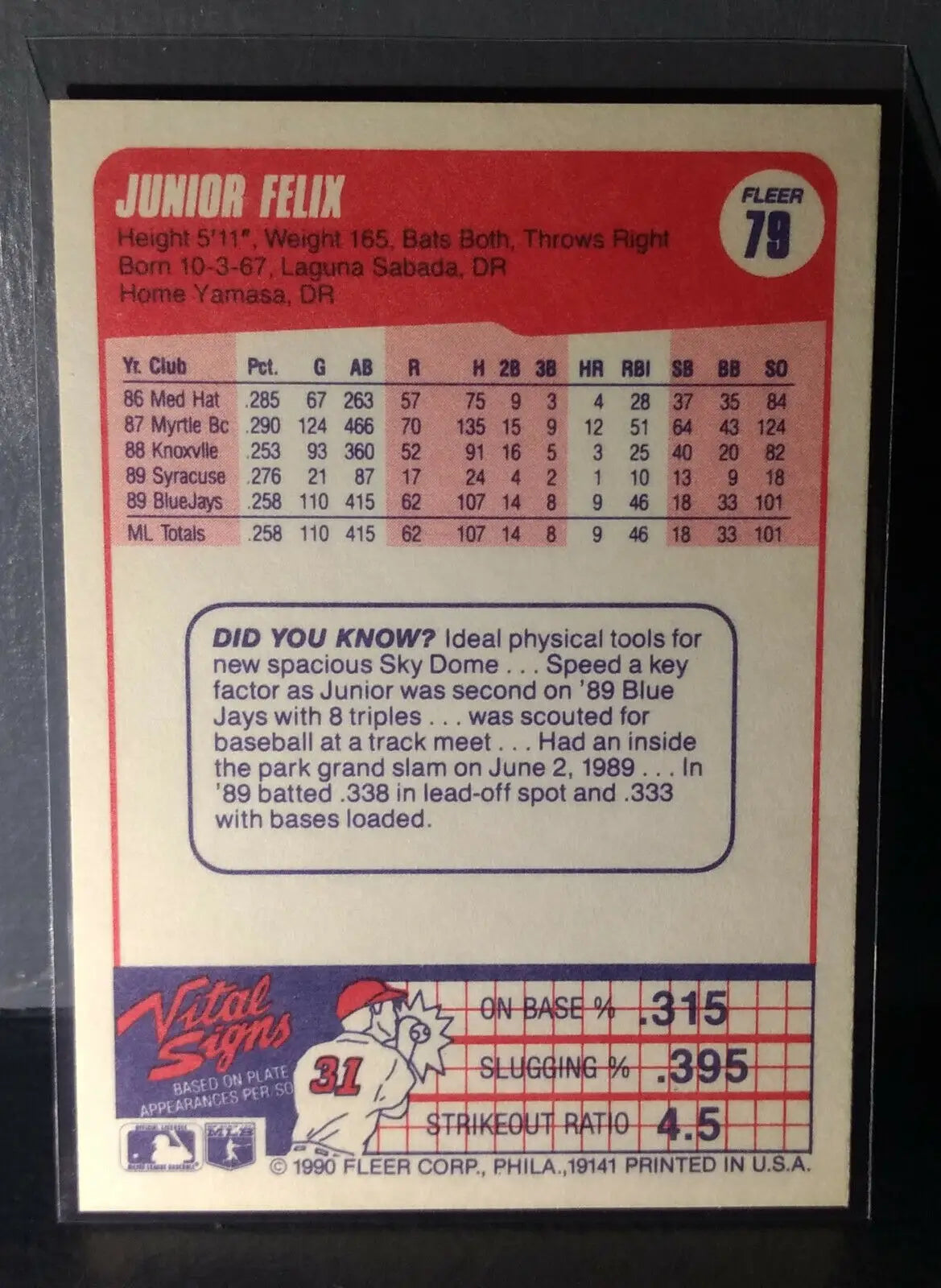 1990 Junior Felix Fleer Baseball Card #79 - Baseball Card Single