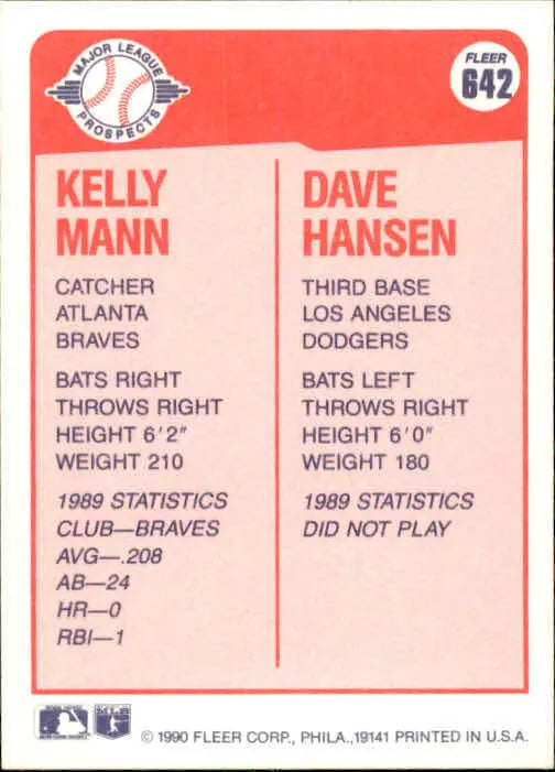 1990 Kelly Mann / Dave Hansen Fleer Baseball Card #642