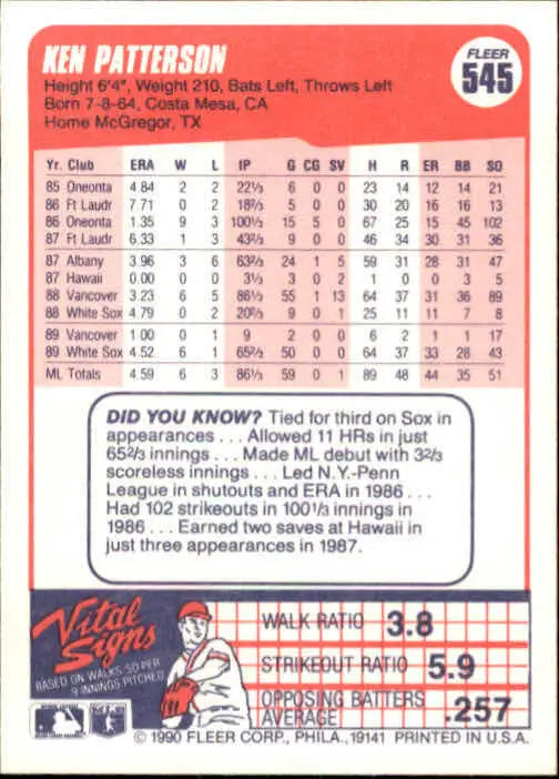 1990 Ken Patterson Fleer Baseball Card #545 - Baseball Card Single