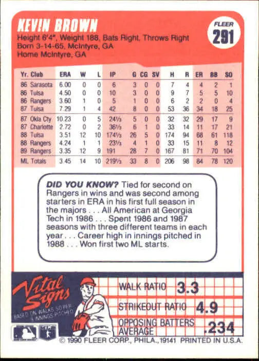 1990 Kevin Brown Fleer Baseball Card #291 - Baseball Card Single